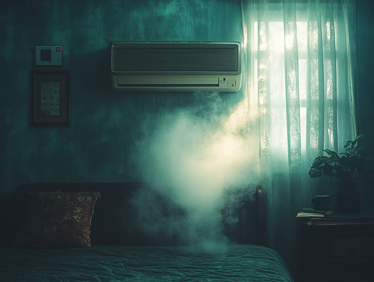 Zaniedbany klimatyzator wymagający czyszczenia, wydobywa nieprzyjemny zapach do pomieszczenia.